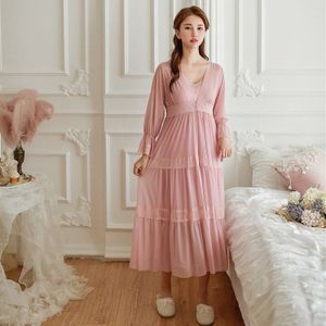 Hanxiuju Zachte Modal 2 Stuks Vrouwen Gewaad Sets Lente Herfst Vintage Prinses Gaas Lange Nachtkleding Meisjes Tiered Night Jurk