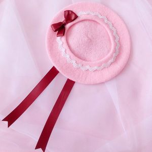 Japanse Herfst Winter Zoete Lolita Tiener Meisje Wollen Doek Baret Handgemaakte Kant Trim Strik Lange Streamer Decoratie Panter Hoed