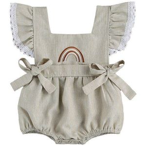 Zomer Pasgeboren Baby Meisje Ruches Mouwloze Backless Geborduurde Regenboog Romper Jumpsuit Kleding