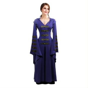 Middeleeuwse Retro Jurk vrouwen Lange Mouwen Bell mouw V-hals Jurken Dames Floor Lengte Cosplay Jurk