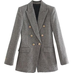 Adherebling Vrouwen Casual Traf Jassen Lente Lange Mouw Blauw Tweed Jas Metalen Knoppen Office Lady Slim Blazers Bovenkleding