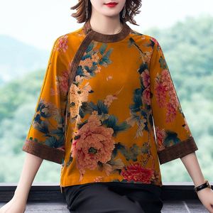 2022 Womens Chinese Cheongsam Shirt Tops Bloemen Printing Qipao Shirt Cheongsam Top Retro Chinese Traditionele Satijn Qipao Blouse