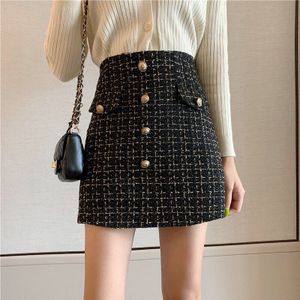 Plaid Tweed Rokken Vrouwen Hoge Taille Elegante Vintage Mini Kokerrok Rits Herfst Winter Wol Rokken Knoppen X510