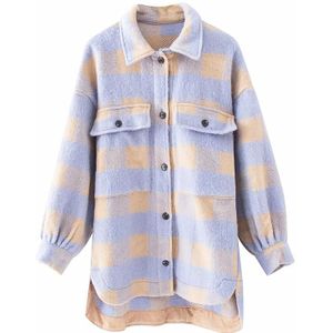 Mode Vrouwen Paars Plaid Wollen Shirts Elegante Dames Oversize Lange Shirt Vintage Vrouwelijke Stijlvolle Dikke Blouses Meisjes Chic