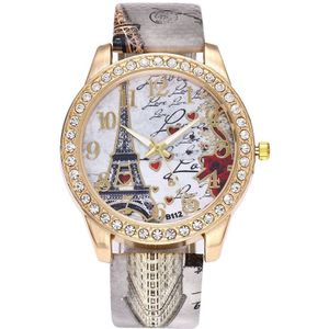 Unisex Vrouwen Mannen Boho Stijl Horloge Afdrukken Eiffeltoren Patroon Crystal Diamanten Paar Horloge Dames Polshorloge Zegarek
