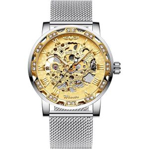 Winnaar Mode Diamant Blauwe Handen Lichtgevende Mannen Horloges Mesh Steel Skeleton Hand wind Mechanische Mannelijke Klok