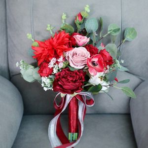 Romantische Roze Bruidsboeket Kunstzijde Bordeaux Rozen Bruid Boeket Dahlia Bloemen Bruiloft Accessoires Ramo De Novia