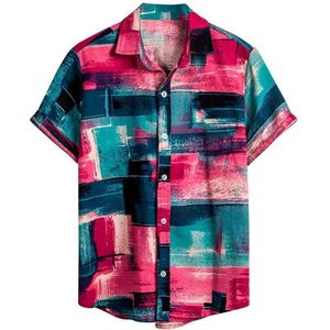 Mens Etnische Korte Mouwen Casual Katoen Linnen Afdrukken Hawaiian Shirt Blouse Roze Paar Losse Fit Hawaii Vintage Afrikaanse Print