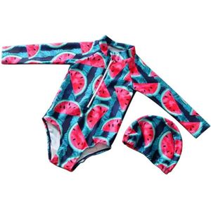 Kinderen Badpak Leuke Watermeloen Print Lange Mouwen Bodysuit Hoed Tweedelige Meisjes Zwemmen Badmode