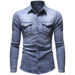 Denim Shirt Mannen Toevallige Gestreepte Panel Button Down Turn-Down Kraag Denim Shirts Met Zakken Shirt Camisa Masculina