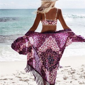 Vintage Print Beachwear Cover Up Zomer Bloemen Romantische Badmode Pareo Cape Paars Kwastje Chiffon Strand Jurk Cover Ups