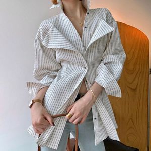 Vgh Casual Gestreepte Blouse Voor Vrouwen Revers Lange Mouwen Split Grote Maat Temperament Shirt Vrouwelijke Mode Kleding