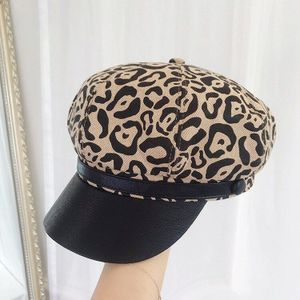 Celebrity vintage style leather brim splice octagonal hat autumn winter leopard print versatile painter beret hats
