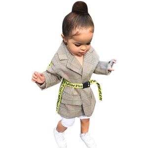 Peuter Kids Baby Meisjes Lange Mouw Brief Pocket Riem Prinses Jas Kleding Mode Revers Plaid Riem Kinderen Trenchcoat