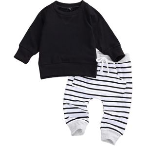 Herfst Pasgeboren 0-24M Toevallige Baby Boy Kleding Zachte Katoen Effen Kleur Lange Mouw Top Sweatshirt + gestreepte Harembroek 2 Stuks