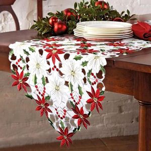 Kerst Geborduurde Tafelloper, Luxe Holly Poinsettia Tafelloper Voor Kerstversiering, 15X70 Inch