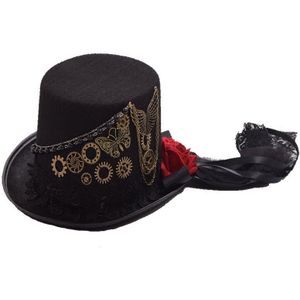 Steampunk Top Hat Vrouwen Rode Roos Gear Chain Black Lace Victoriaanse Party Fedora Gothic Lolita Cosplay