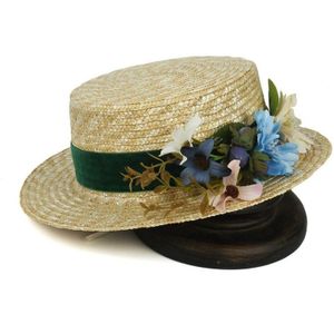 100% Tarwe Stro Vrouwen Brede Rand zonnehoed Lady Zomer Platte Sunbonnet Schipper Strand Hoed Met Blauwe Bloem