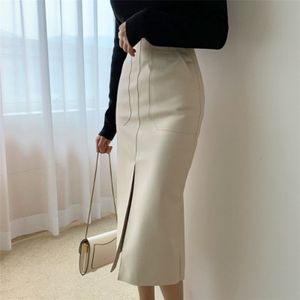 Lente Vrouwen PU Lederen Rokken Hoge Taille Zakken Pakket Hippe Rok Vrouwelijke Voorkant Split Zipper Midi Potlood Rokken