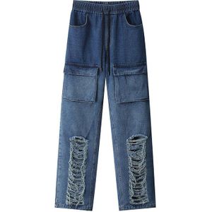 Harajuku High Street Gat Gradiënt Jeans Mannen En Vrouwen Gewassen Gerafeld Zakken Denim Broek Hip Hop Oversize Rechte Broek