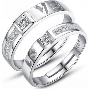 925 Sterling Zilver Romantische Liefde Brief Shiny Crystal Liefhebbers Paar Trouwringen Sieraden Vrouwelijke Mannen Vinger Open Ring