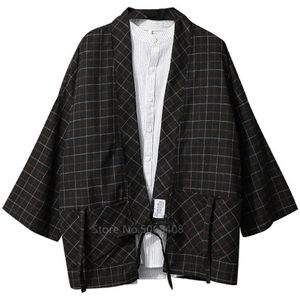 Japanse Stijl Haori Mannen Samurai Kostuum Harajuku Mode Kimono Vest Plaid Yukata Jas Bandage Party Vrouwen Streetwear Party