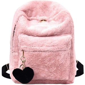 Vrouwen Zachte Faux Fur Pluche Rugzak Schoudertas Pluizige Schooltas Met Hart Hanger (Roze)