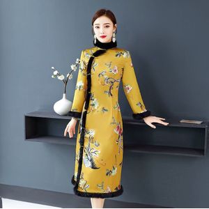 Geel Print Mid-Lengte Slanke Qipao Chinese Jurk Vrouwen Hanfu Traditionele Oosterse Gewaad Winter Thicken Warm 2022 Cheongsam