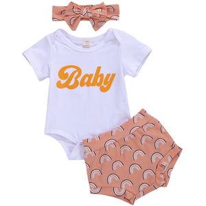 0-18M Leuke Pasgeboren Baby Jongens Meisjes Brief Print Katoen Rompertjes + Regenboog Hoge Taille Shorts + Hoofdband outfits