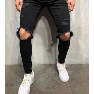 Hoge Streetwear Mannen Knie Met Gaten Decor Zwarte Jeans Met Rits Slim Fit Elasticiteit Skinny Ripped Broek Forward Mannen jeans