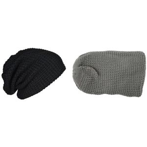 2x Mannen Slouchy Lange Beanie Knit Cap Voor Zomer Winter Oversize Zwart & Grijs