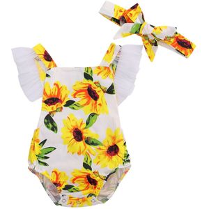 0-24M Pasgeboren Baby Meisjes Zonnebloemen Print Lace Ruches Korte Mouw Jumpsuits