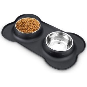 Pet Dog Puppy Cat Feed Rvs Schotel Huisdier Drinkbak Diervoeders Plaatsing Hond Accessoires Anti-Overflow Servies grijs