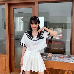 Korte-Hoogte Japanse Stijl Sailor Kraag College Stijl Slanke Korte Top + Hoge Taille Plooirok Tweedelige pak Vrouwen Zomer