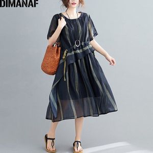 Dimanaf Plus Size Jurk Vrouwen Kleding Vintage Zomer Zonnejurk Gestreepte Print Lady Vestidos Losse Geplooide A-lijn Jurk