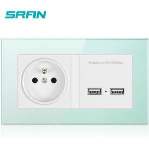 Sran Franse Dubbele Frame Stopcontact Met Dual Usb Lading Poort 5V 2A Wall Charger Roze/Groen Gehard glas Panel 146*86