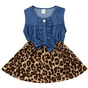 Nieuwkomers zomer baby meisjes kinderen kleding boutique outfits denim jurk mouwloze luipaard knielengte katoen melk zijde kid