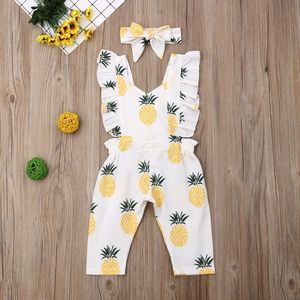Pasgeboren Baby Meisje Ananas Kleding Ruche Romper Jumpsuit Geel Hoofdband Zomer Outfit Set Ruche Print Outfits 0-24M