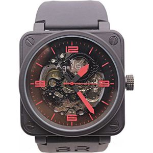 Classicnew Heren Rvs Zwart Rubber Bell Pvd Br Automatische Mechanische Self-Wind Horloges Skeleton Pierced Hollow Blauw Rood