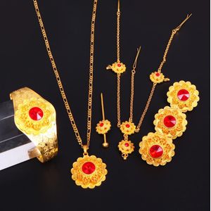 Rode Steen Ethiopische Sieraden Met Haar Pcs 24 K Goud Kleur Sieraden Sets Voor Vrouwen Haaraccessoires