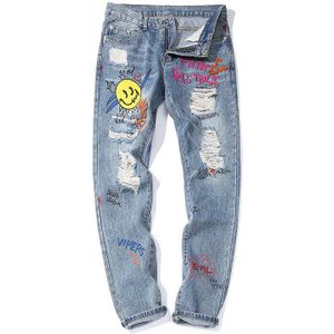 Skinny Jeans Mannen Streetwear Vernietigd Ripped Jeans Homme Hip Hop Gebroken Graffiti Print Potlood Biker Denim Broek Gat GM482
