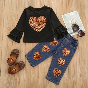 6M-4Y Peuter Meisje Twee Stukken Herfst Sprint Kleding Set Luipaard Hart Lange Mouw Top En Denim Broek Set Kleding Voor kind Meisje