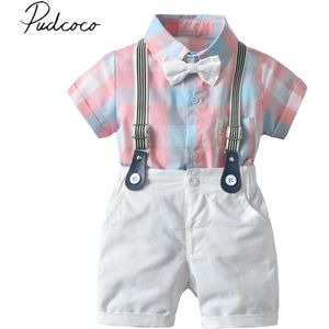 Baby Zomer Kleding Baby Kind Baby Boy Kleding Sets Formele Smoking Gentleman Pak Plaid Romper Overall Broek Outfits 6M-4T