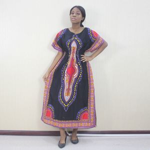 Dashikiage Mode Herfst Dashiki Patroon Gedrukt Blauw 100% Katoen Korte Mouwen Afrikaanse Jurken Voor Vrouwen