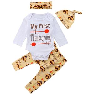 Thanksgiving Day Kids Baby Meisjes Jongen Outfits Set Brief Print Lange Mouwen Romper Tops + Broek + Hoofdband + Hoeden outfit 0-24M