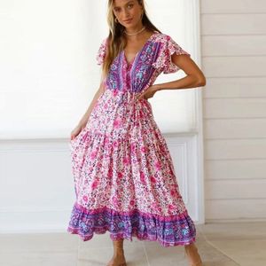 Boho Geïnspireerd Roze Bloemen Spliced Lange Vrouwen Jurk Ruche Flare Mouw Knoppen Zomer Feestjurk Boho Jurk Vrouwelijke