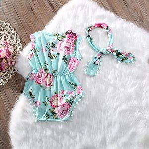 Zomer Mooie Baby Meisje Romper Kleding Bloemen Kwastje Jumpsuit Hoofdband 2 Stuks Outfit Sunsuit Kleding Sets