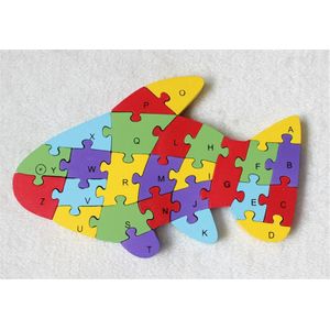 houten speelgoed dier cartoon kleur vis 26 stuk engels letters en digitale cognitieve houten puzzel