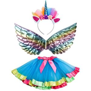 3Pcs Rainbow Leuke Kids Dress Up Prinses Angel Wing Bling Eenhoorn Tutu Rok Pak