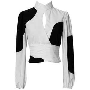 Xitao Elegante Blouse Vrouwen Zwarte En Witte Stiksels Lange Mouwen Wilde Stand-Up Kraag Shirt Slanke Slanke Hoge Taille top DZL1948